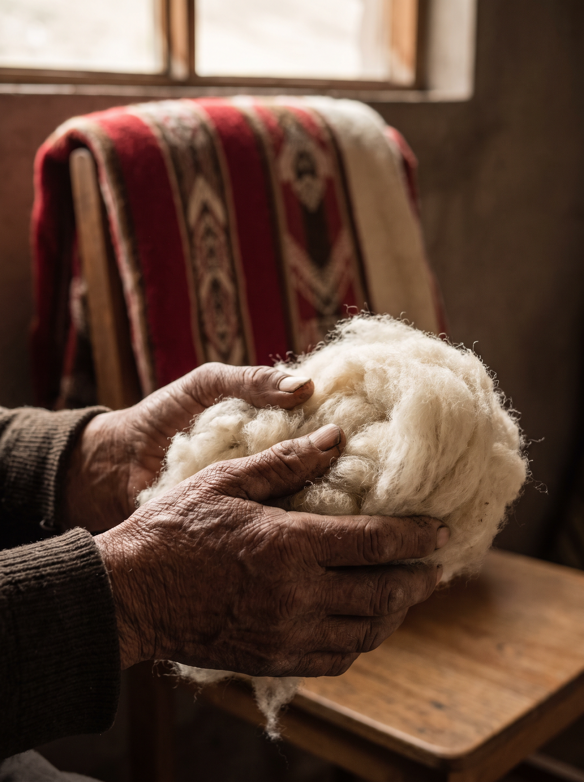 Herder's hands holding baby alpaca fleece (concept image)